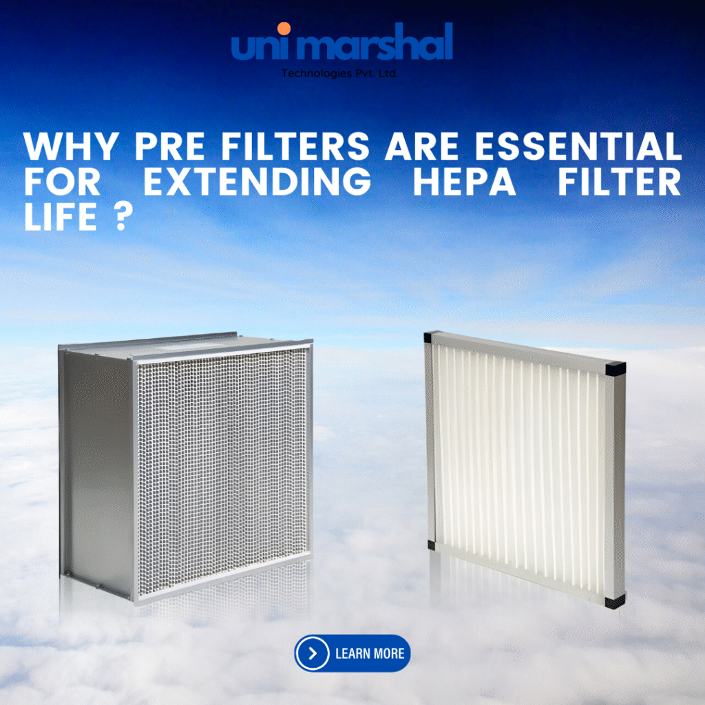 Industrial pre-filters and HEPA filter system in factory air filtration setup.