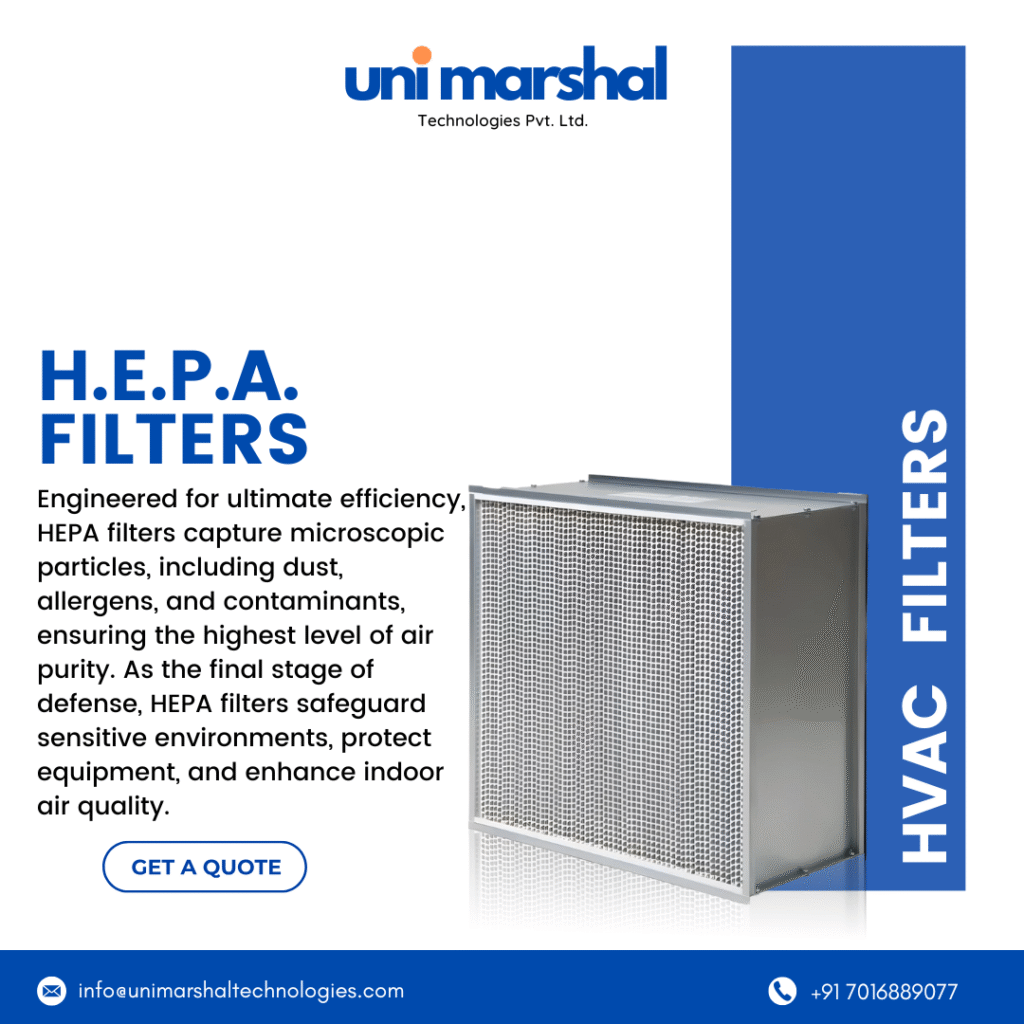 Different types of HEPA filters including box type, flange type, and mini pleat designs used in cleanrooms, hospitals, and industrial air purification.