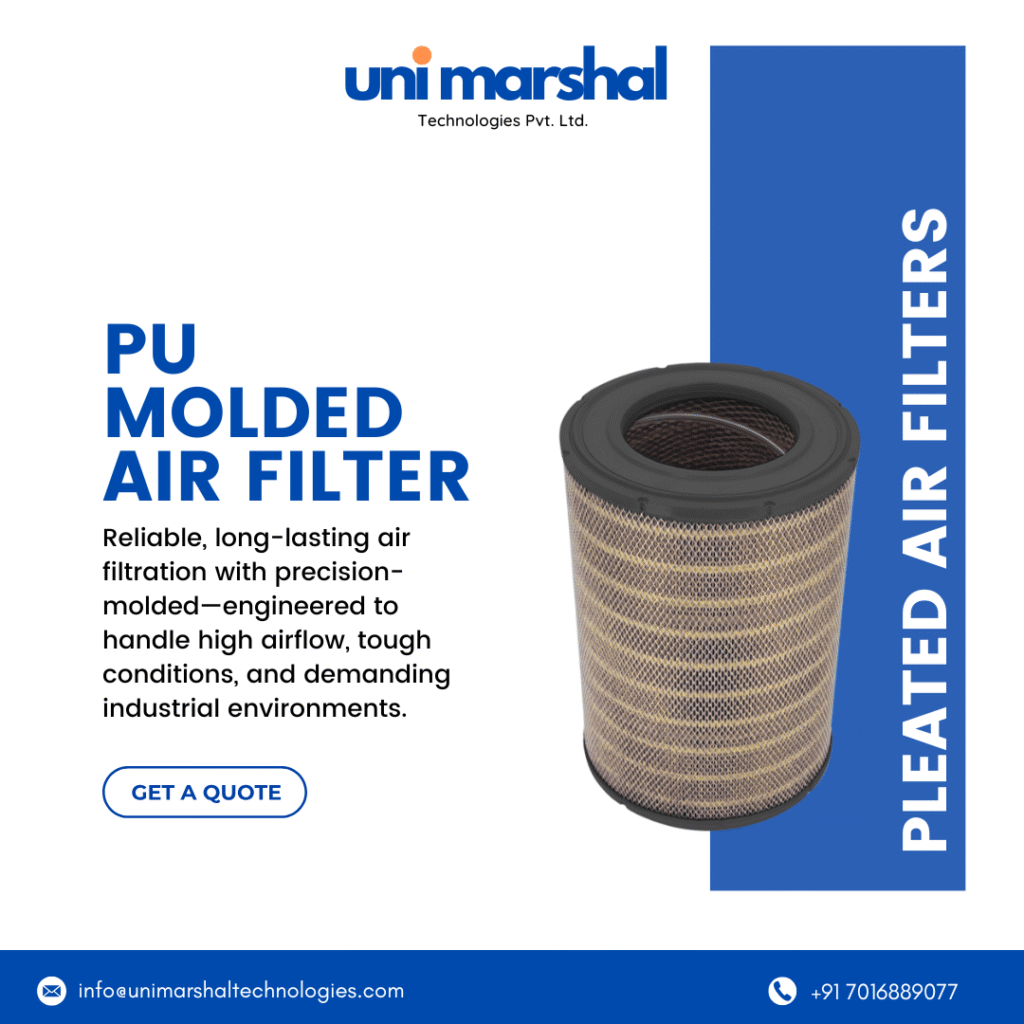 PU Molded Air Filter infographic showing structure, filtration process, and key benefits for industrial and HVAC applications.