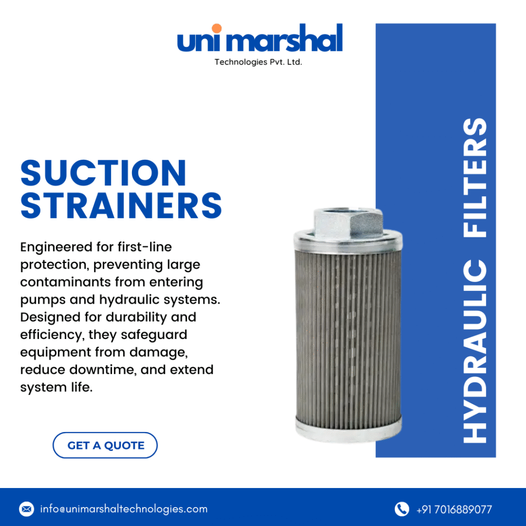 Stainless steel suction strainer for hydraulic and industrial applications, designed for pump protection and contaminant removal.