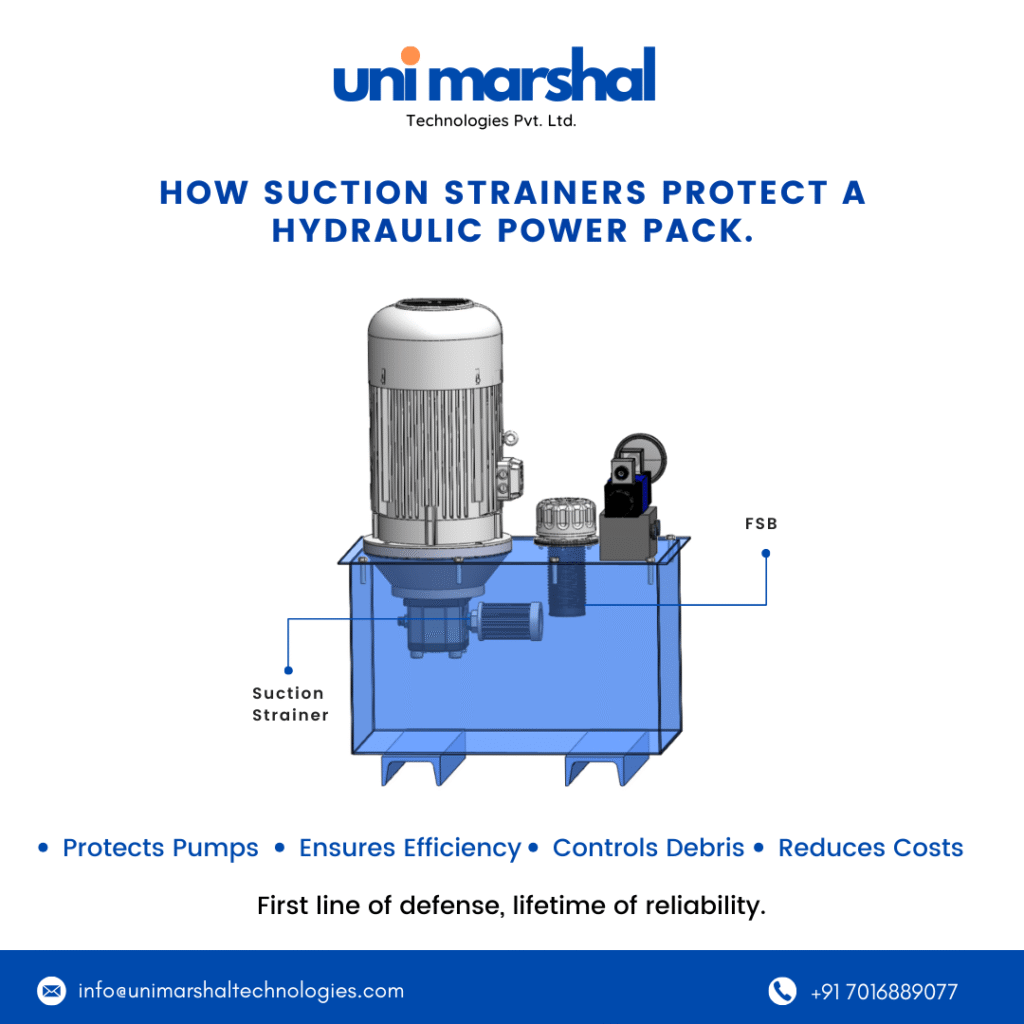Stainless steel suction strainer for hydraulic power pack units, designed to protect pumps by filtering contaminants.