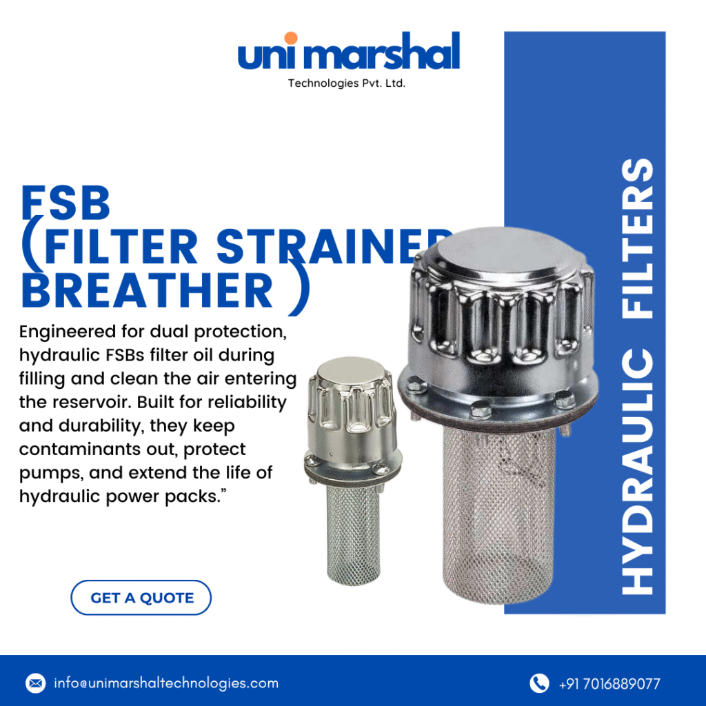 Hydraulic FSB (Filter Strainer Breather) providing dual protection by filtering oil during filling and allowing clean air exchange in reservoirs.